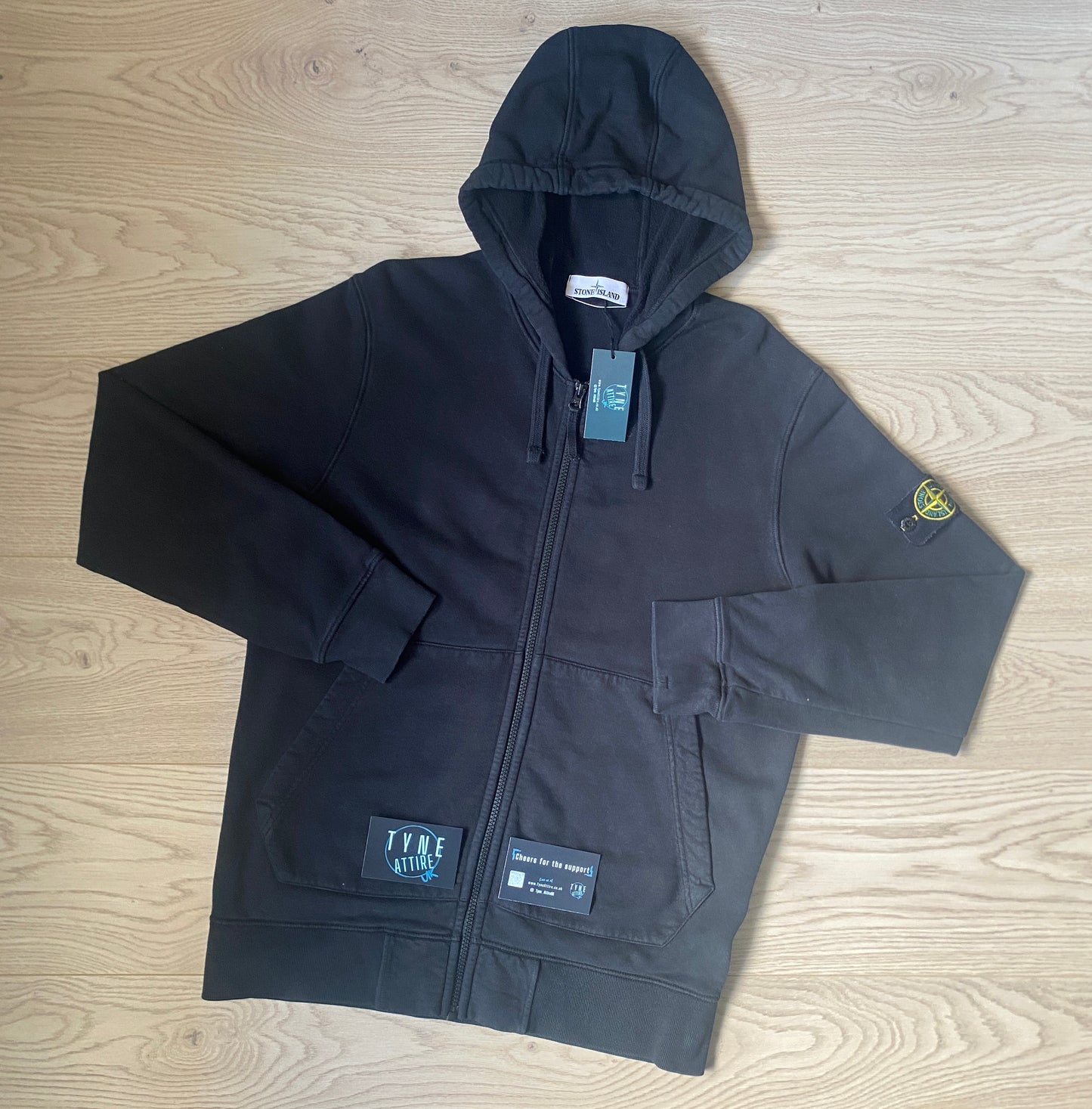 Stone Island 64220 Garment Dyed Brush Cotton Fleece Zip Up Black Hoodie