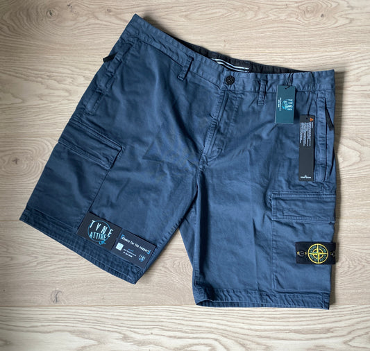Stone Island L0804 Type-RE Stretch Broken Twill Garment Dyed ‘Old’ Effect Avio Blue Bermuda Cargo Shorts