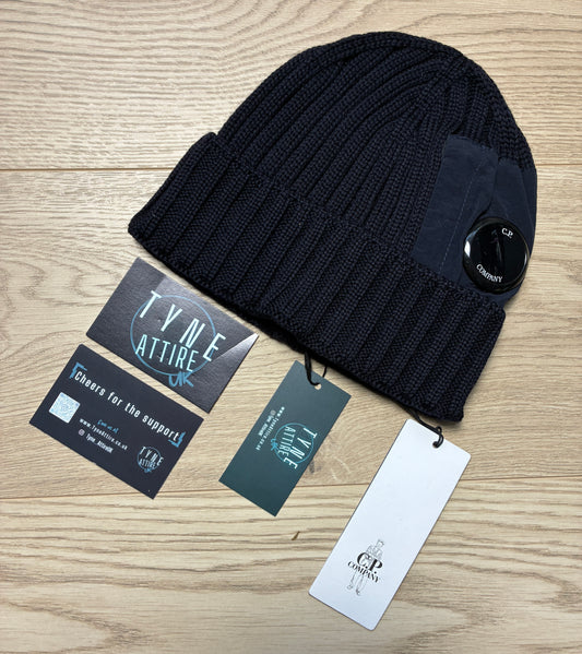 C.P. Company Extra Fine Merino/Nylon Blend Ribbed Wool Side Lens Navy Blue Beanie