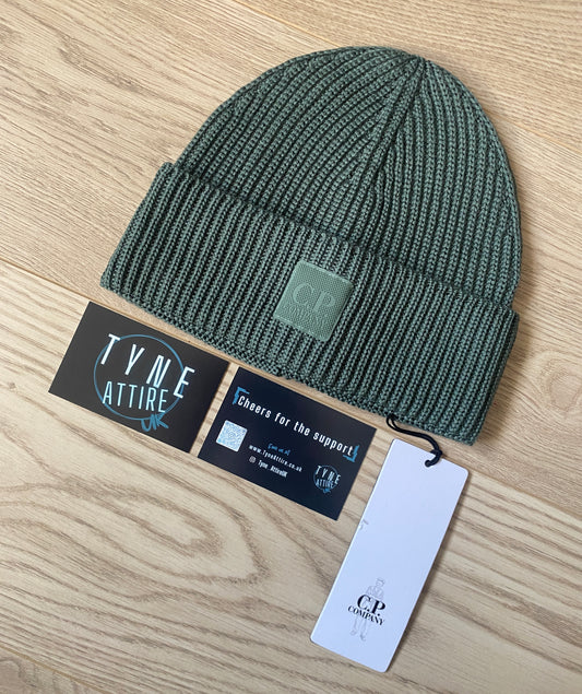 C.P. Company Metropolis Series Ribbed Rubber Patch Logo Extra Fine Merino Wool Sage Green Beanie