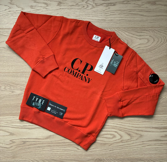 C.P. Company Junior Spellout Logo Arm Pocket Lens Pumpkin Orange Crewneck Sweater