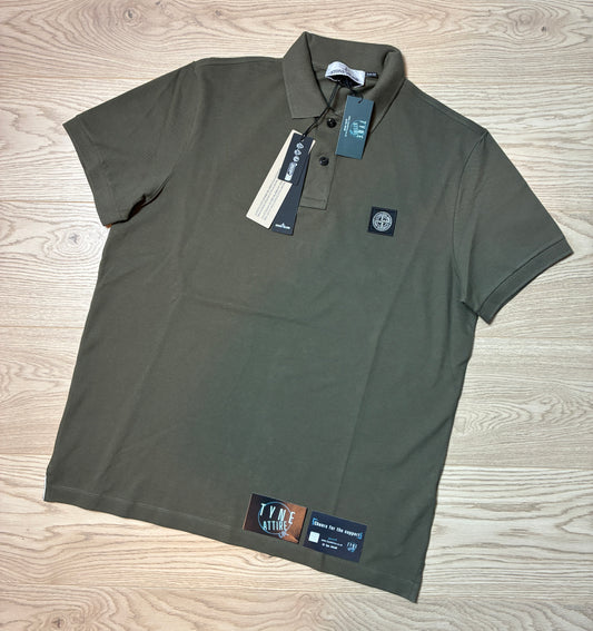 Stone Island 22002SC Stretch Cotton Piqué Patch Logo Slim Fit Khaki Green Polo T-Shirt