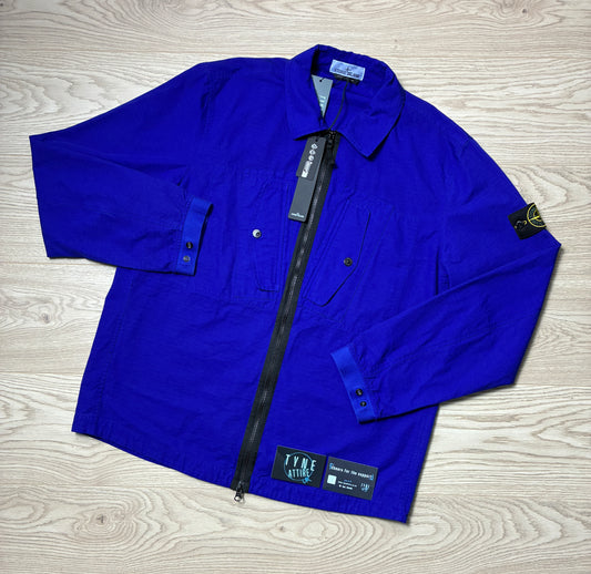 Stone Island 11112 Garment Dyed Dual Chest Pocket Cotton Ripstop Bluette Overshirt Jacket