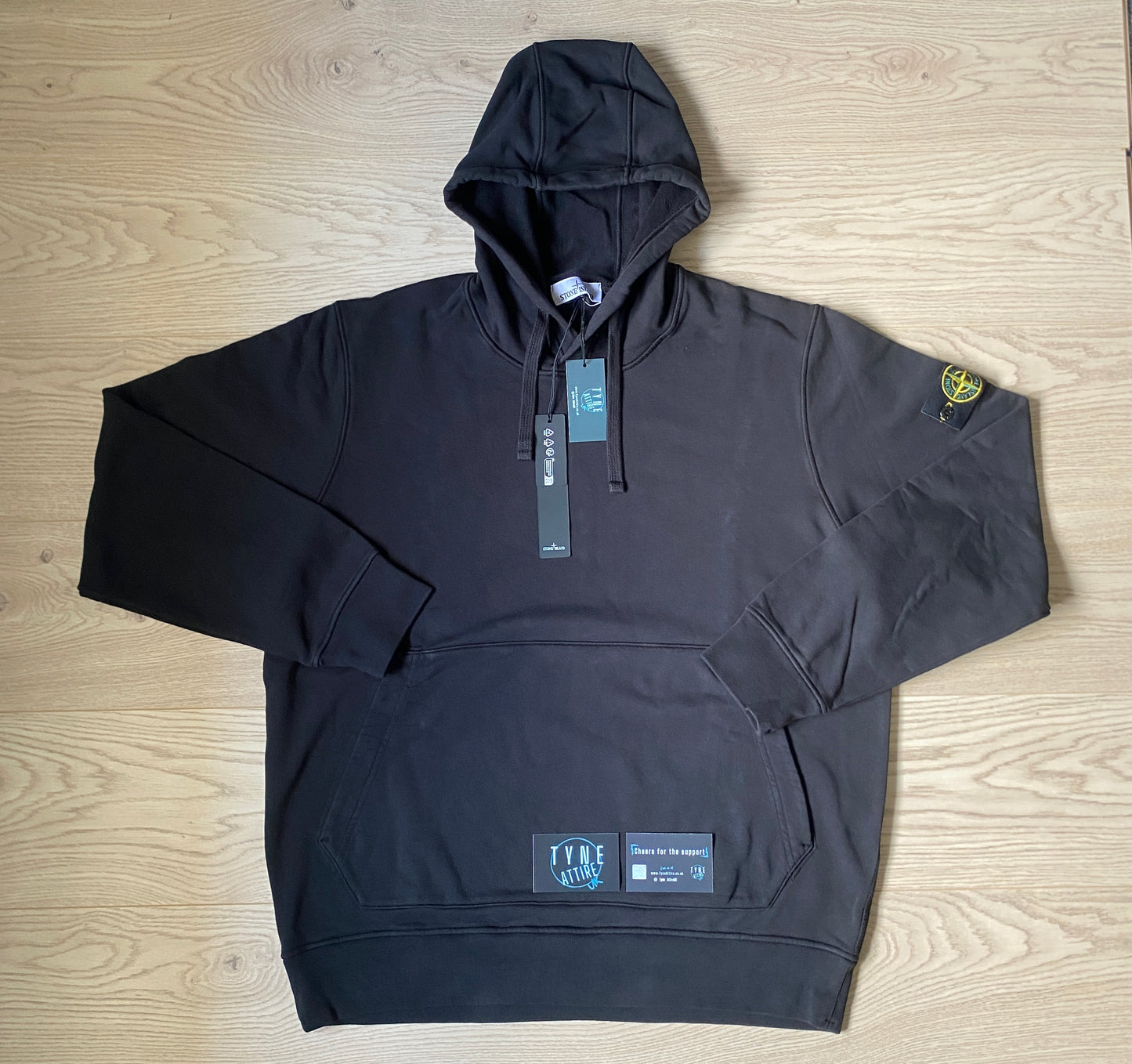 Stone Island 64151 Organic Cotton Fleece Garment Dyed Black Popover Drawstring Hoodie