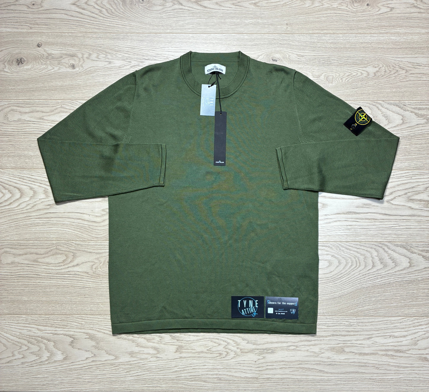 Stone Island 517B3 Garment Dyed Textured Cotton Knit Khaki Green Crewneck Sweater