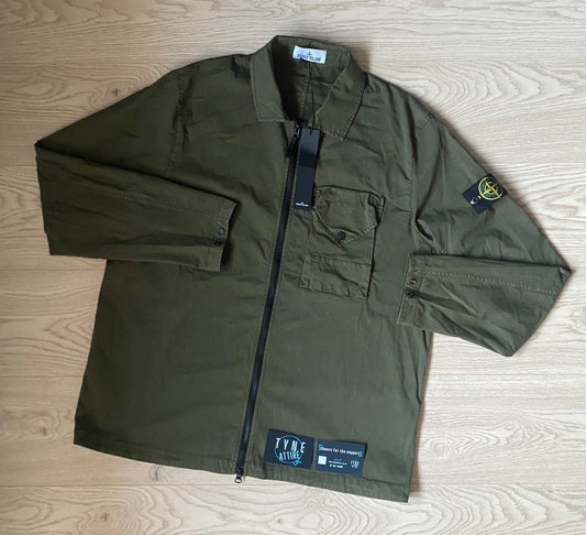 Stone Island 11010 Gabardine Cotton GD Chest Pocket Full Zip Olive Green Overshirt