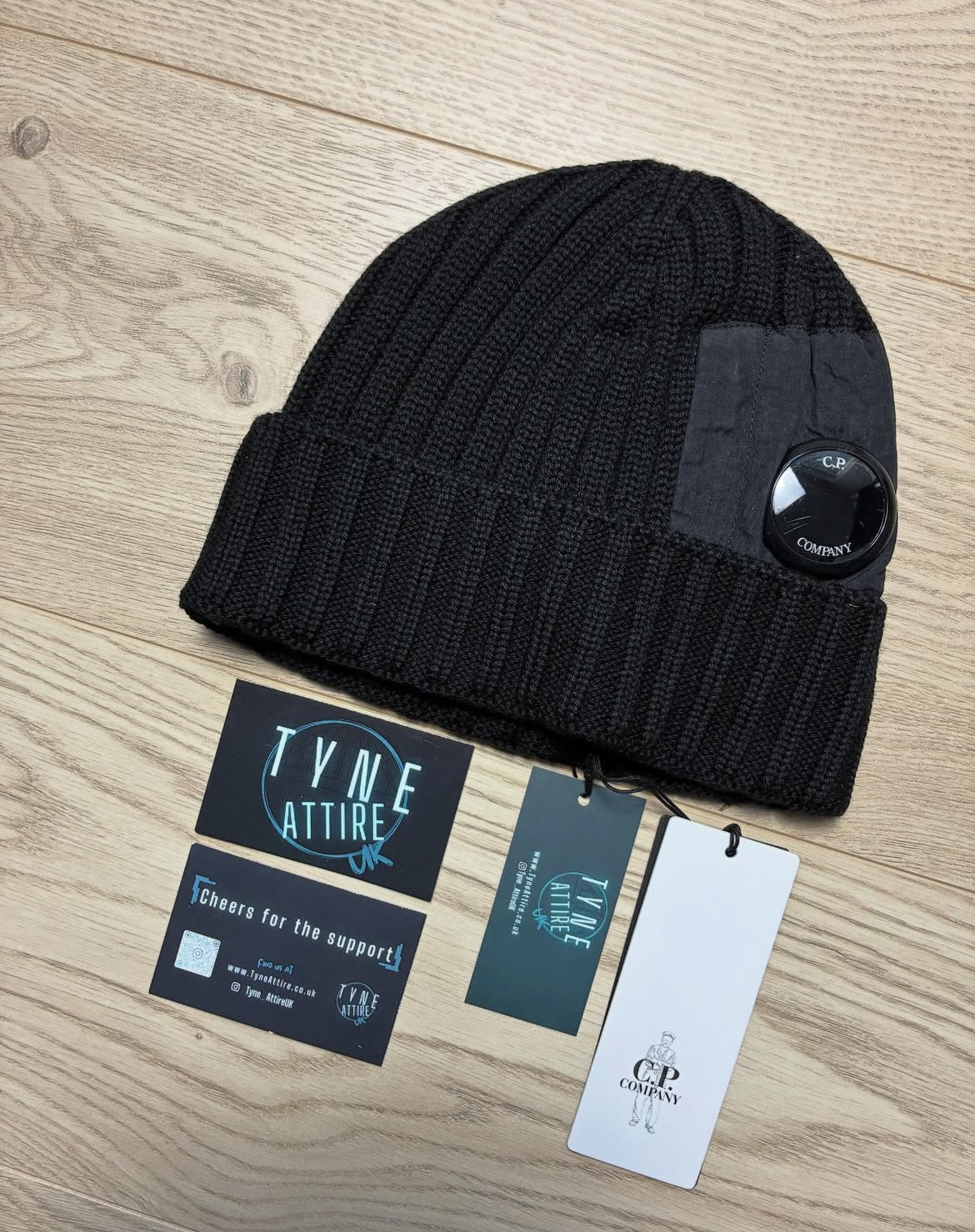 C.P. Company Extra Fine Merino/Nylon Blend Ribbed Wool Side Lens Black Beanie