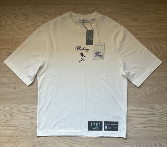Burberry Embroidered Spellout/English Rose Chest Logo Rain Off White Crewneck T-Shirt