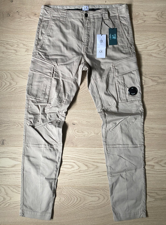 C.P. Company GD Ergonomic Fit Satin Stretch Lens Pocket Beige Cargo Trousers