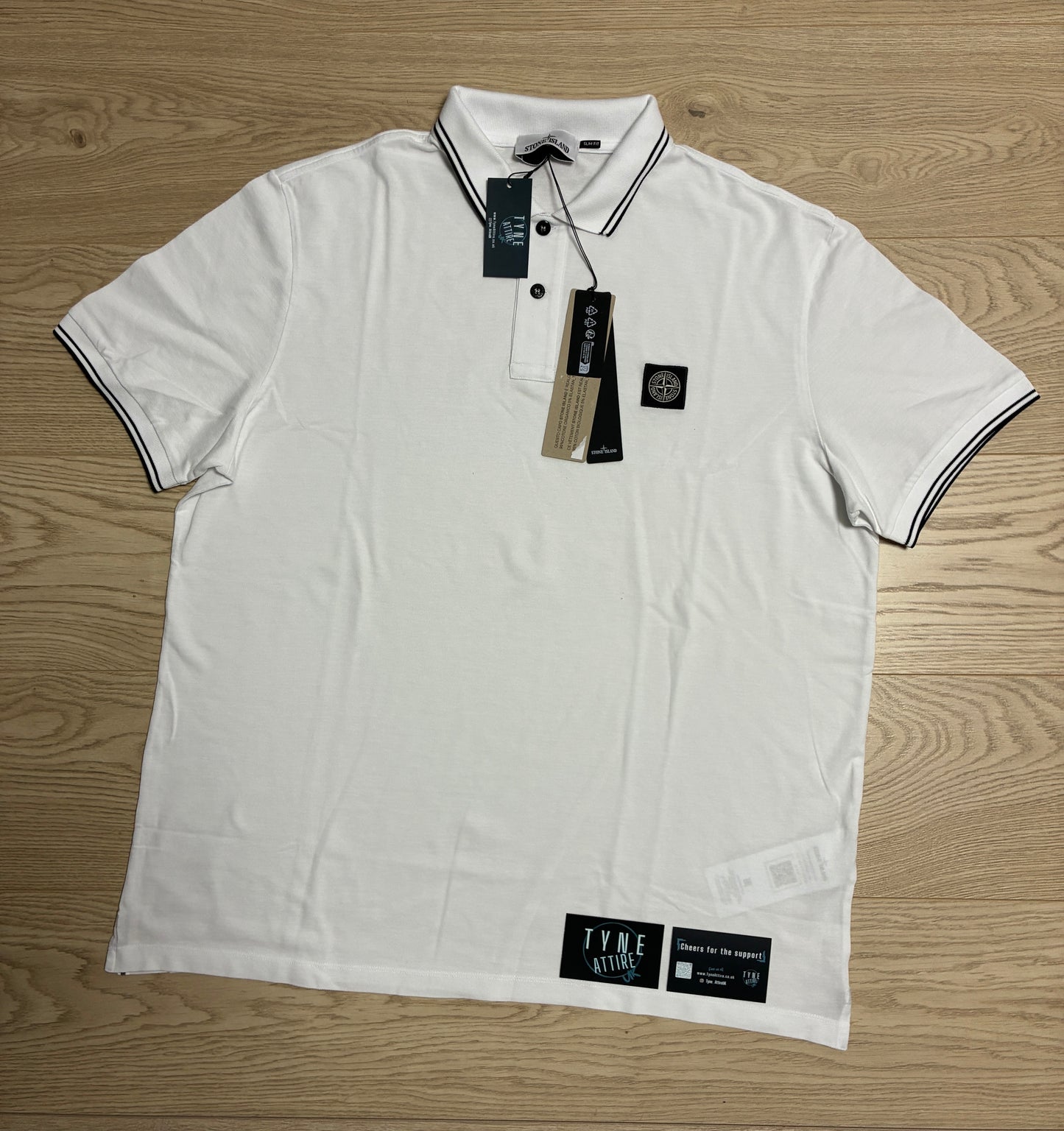 Stone Island 2200010 Organic Cotton Patch Logo Twin Tipped Slim Fit White/Navy Polo T-Shirt