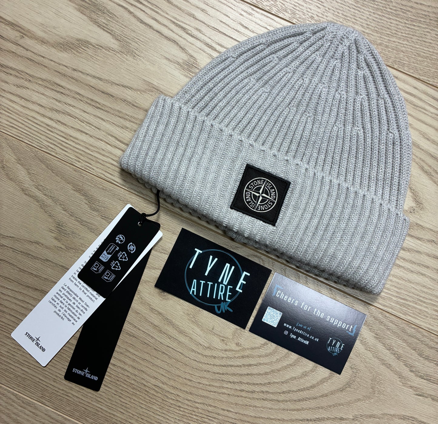 Stone Island N100002 Classic Mens/Unisex R.W.S Geelong Wool Ribbed Patch Logo Marl Grey Beanie