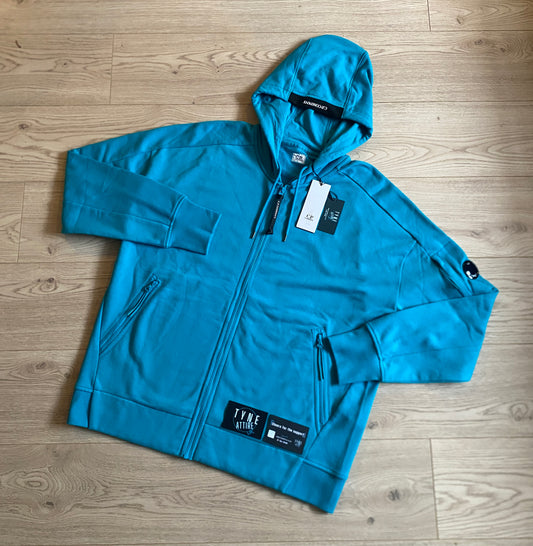C.P. Company Garment Dyed Arm Pocket Lens Diagonal Raised Fleece Tile Blue Full Zip Hooded Sweater