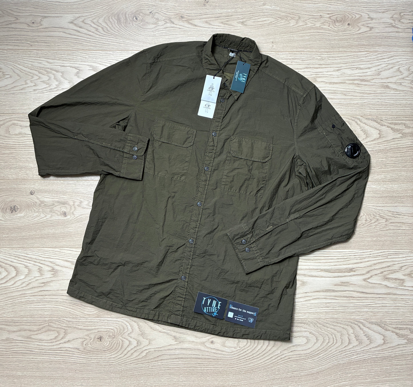 C.P. Company Taylon-L Chrome-R Garment Dyed Arm Lens Khaki Green Button Overshirt