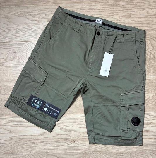 C.P Company Satin Stretch GD Bermuda Lens Pocket Olive Green Cargo Shorts