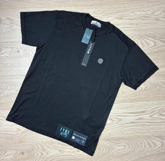 Stone Island 2100039 Garment Dyed Compass Patch Logo Black Crewneck T-Shirt