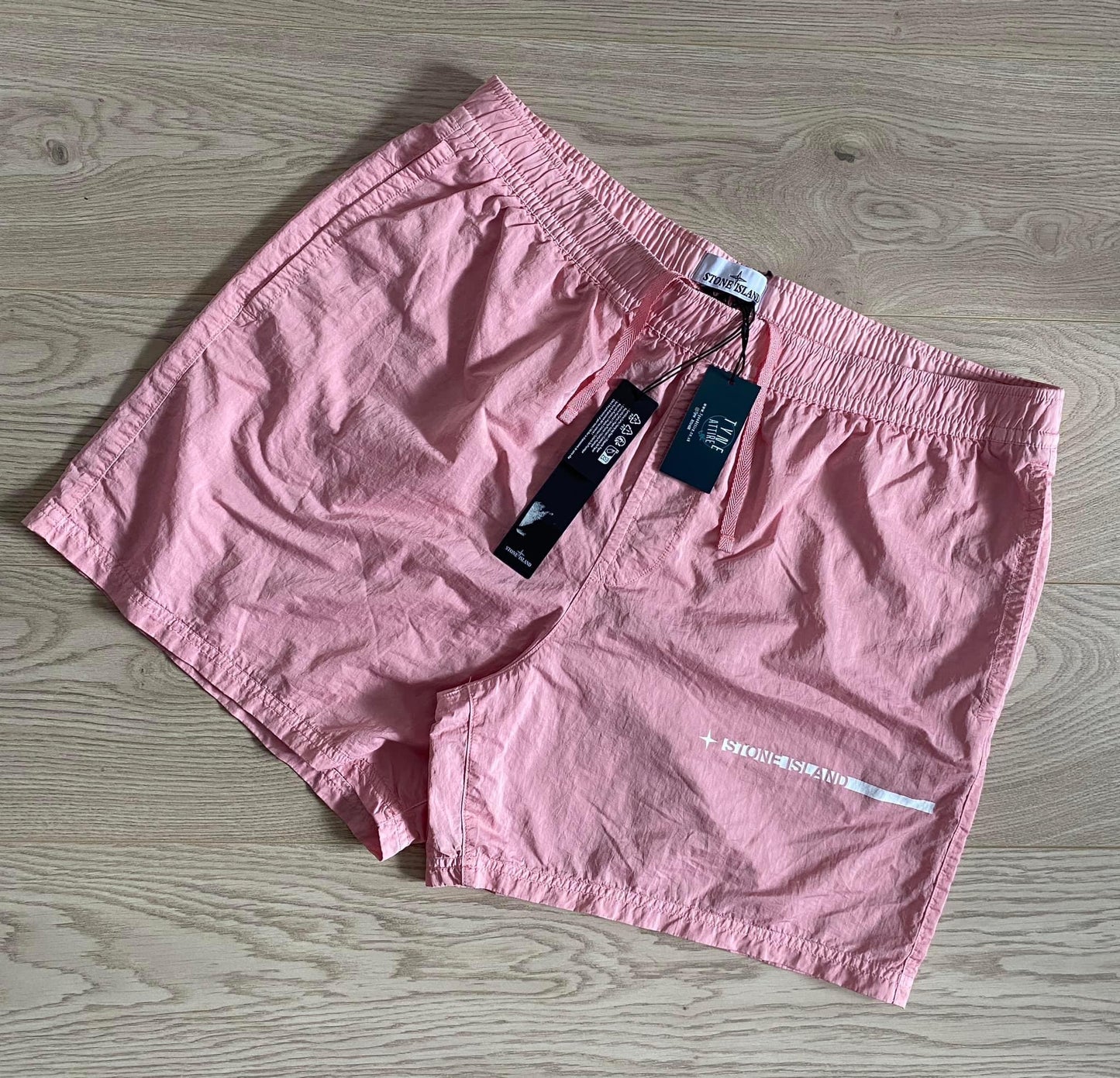 Stone Island B0742 Recycled Nylon Spellout Logo Light Pink Swim Shorts