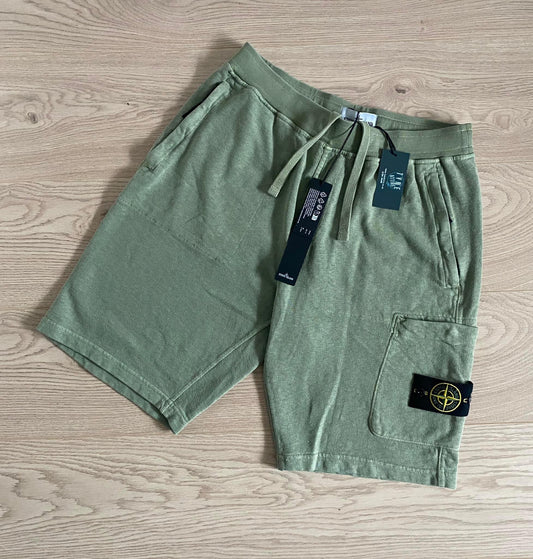 Stone Island 65050 Old Treatment Fleece Bermuda Cargo Pocket Sage Green Shorts