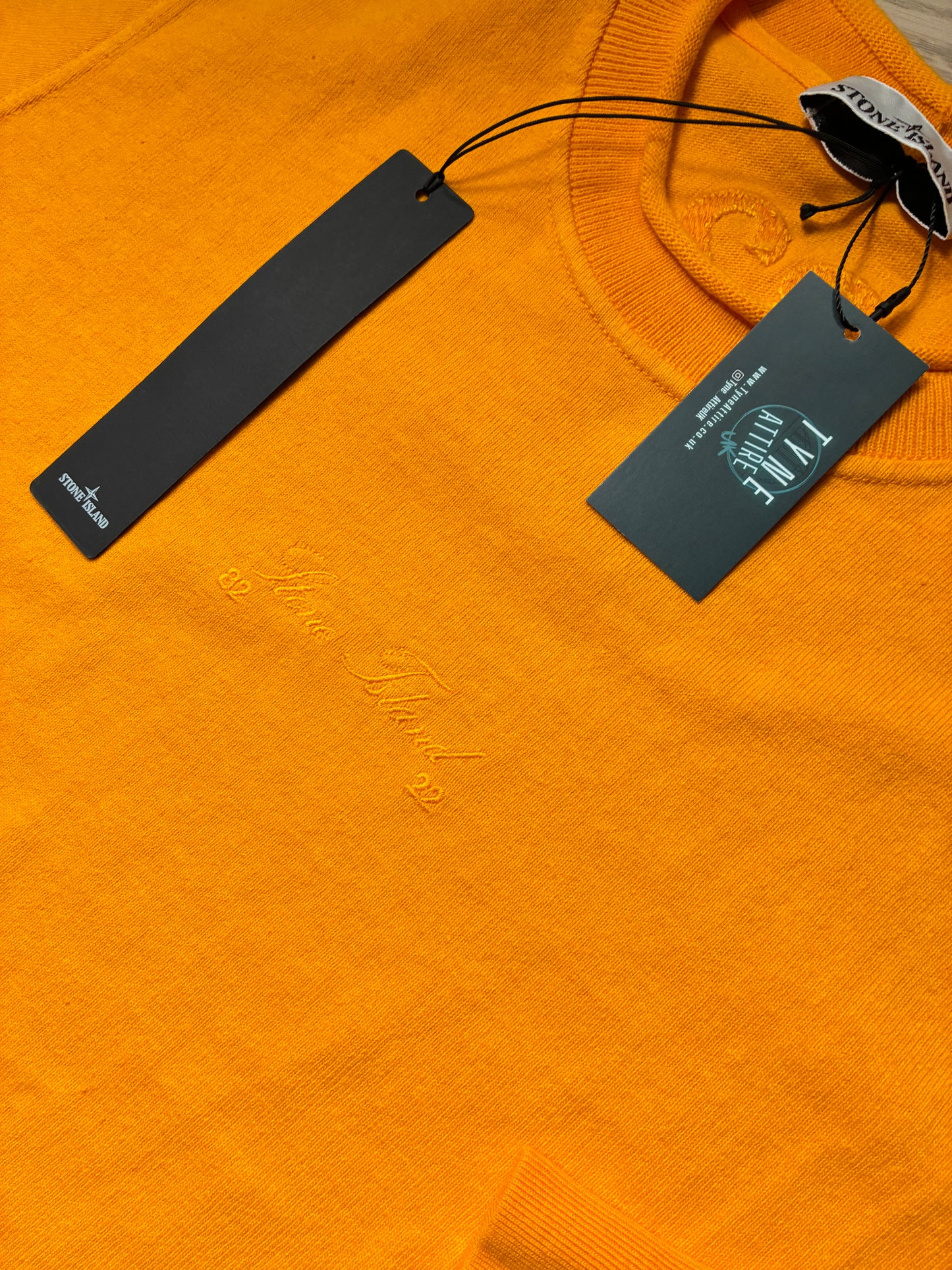 Stone Island 626Q1 40th Anniversary Embroidered Logo Orange Yellow Crewneck Sweater