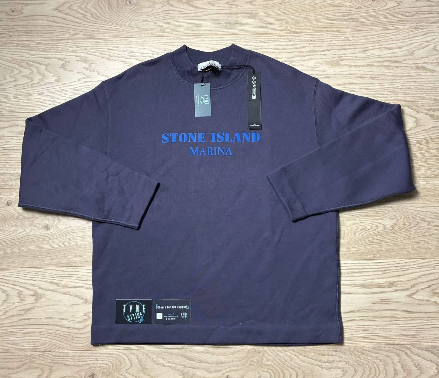 Stone Island Marina 631X5 Reflective Spellout Logo Navy Blue Crewneck Sweater
