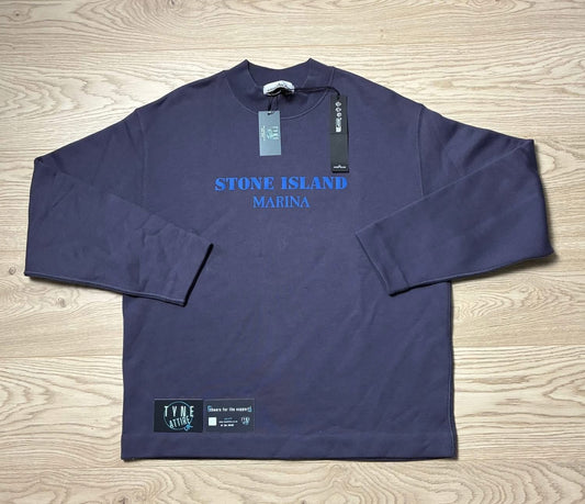 Stone Island Marina 631X5 Reflective Spellout Logo Navy Blue Crewneck Sweater