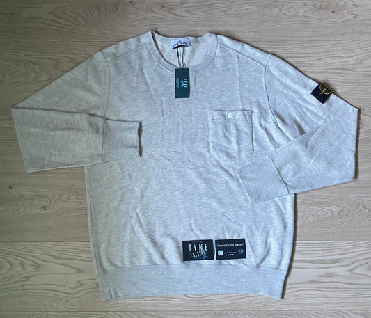 Stone Island 528D3 Chest Button Pocket Cotton/Poly Blend Grey Melange Crewneck Lightweight Sweater