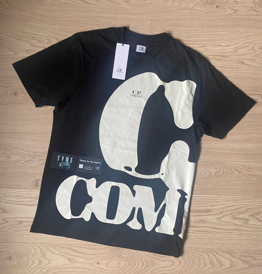 C.P. Company 30/1 Jersey Cotton Spellout Distressed Wrap Graphic Logo Black Crewneck T-Shirt