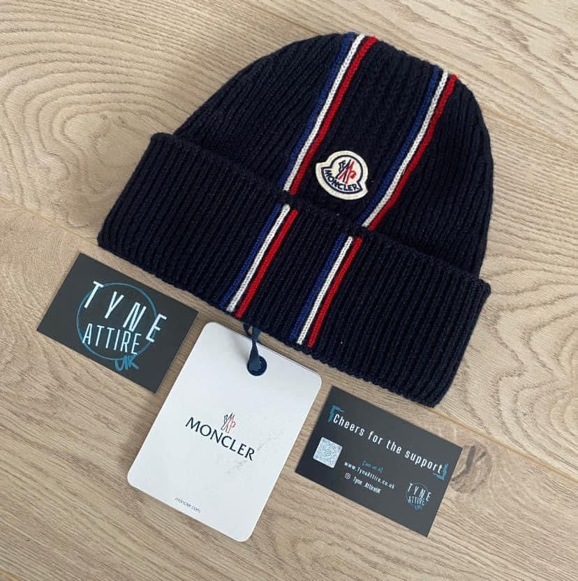 Moncler Classic Tricolour Instaria Logo Mens Unisex Gauge 5 Wool Ribbed Navy Blue Beanie