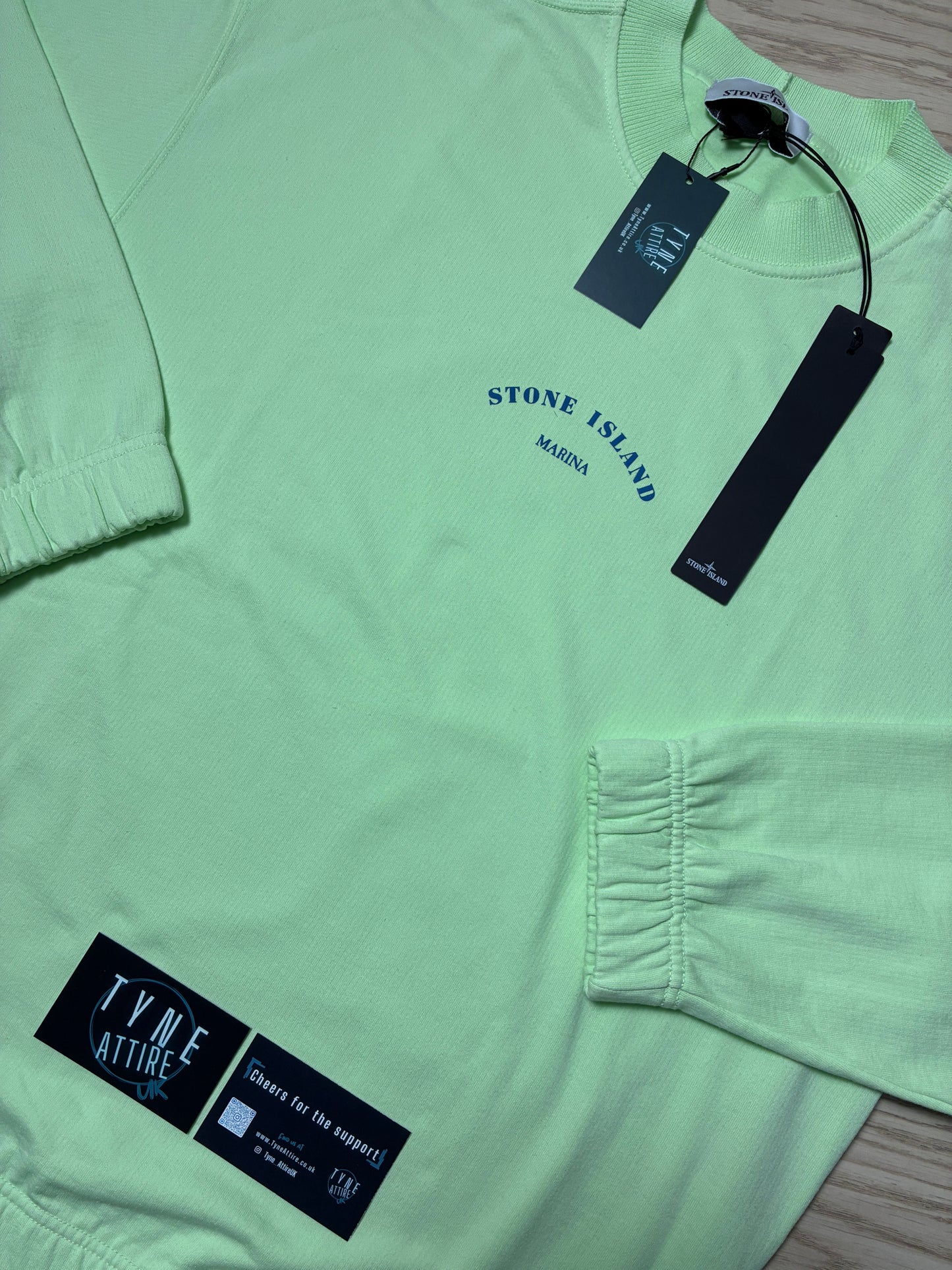 Stone Island Marina 652X2 Plated Dyed Reflective Logo Print Light Green Crewneck Sweater
