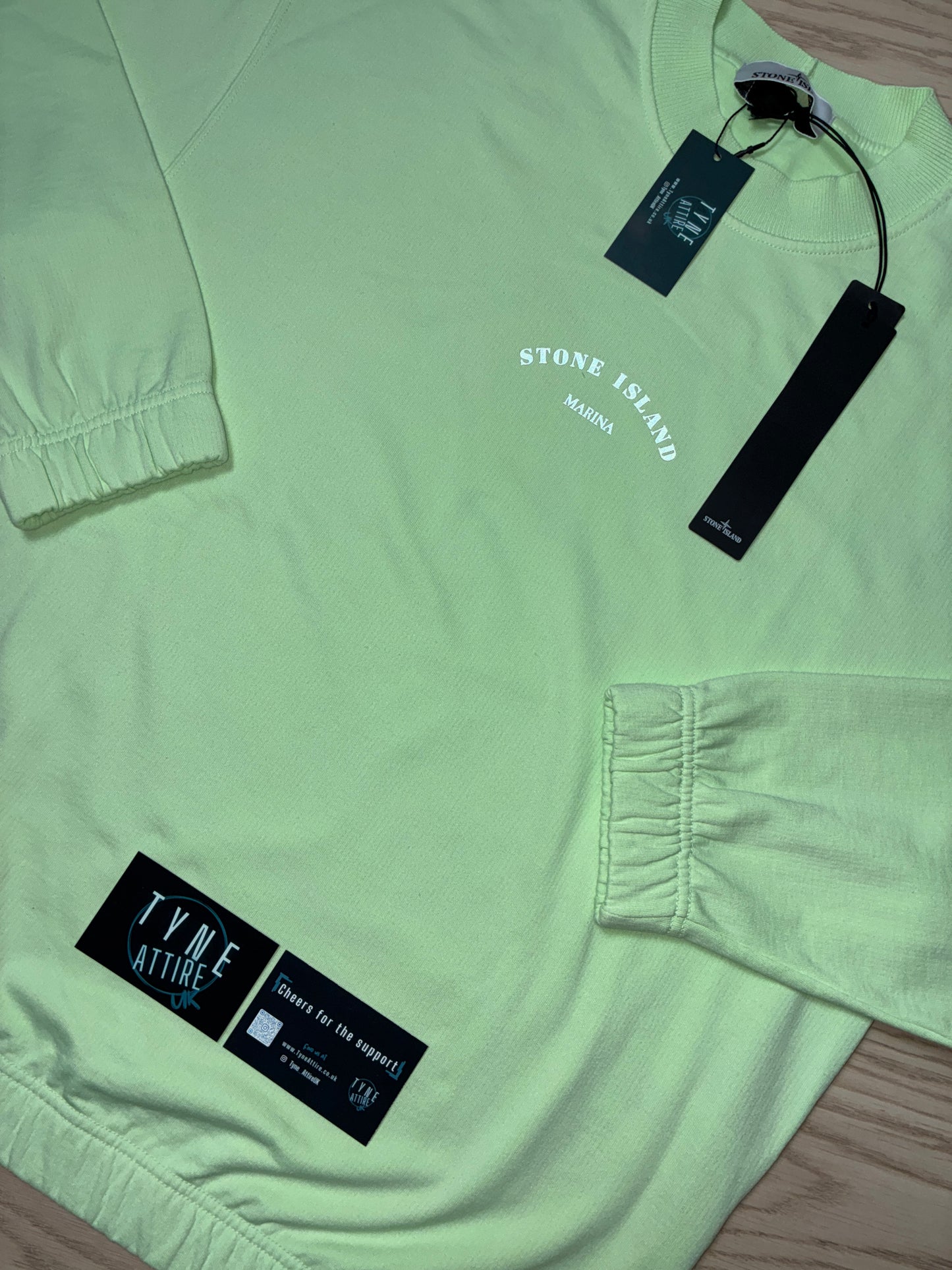 Stone Island Marina 652X2 Plated Dyed Reflective Logo Print Light Green Crewneck Sweater