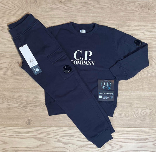 C.P. Company Junior Spellout Chest Logo Arm Lens Sweater & Cargo Jogger Navy Blue Tracksuit Set