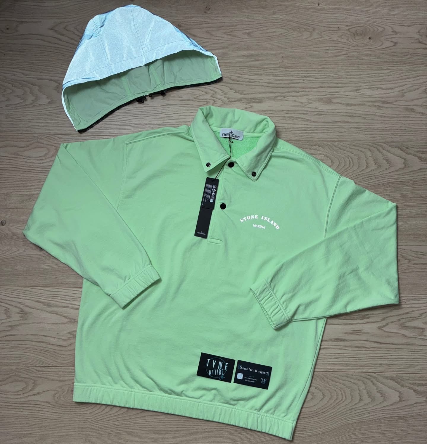 Stone Island Marina 653X2 Plated Dyed Reflective Logo Light Green Removable Hoodie Polo Sweater/Hoodie