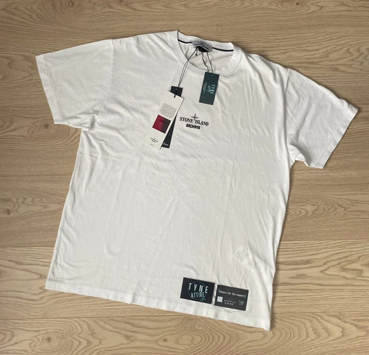 Stone Island Archivio 2NS91 PVC Jacket Fabric Graphic Logo White Crewneck T-Shirt