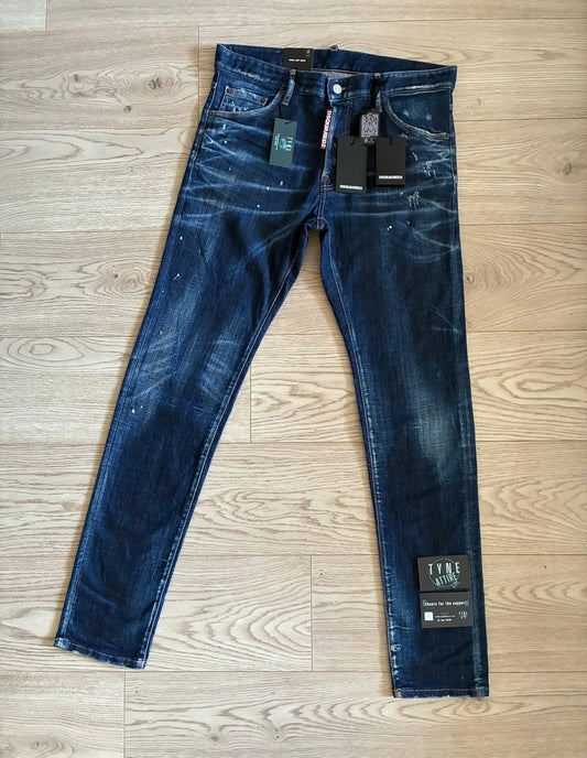 Dsquared DSQ ‘Cool Guy’ Distressed/Splatter Effect Navy Blue Denim Jeans