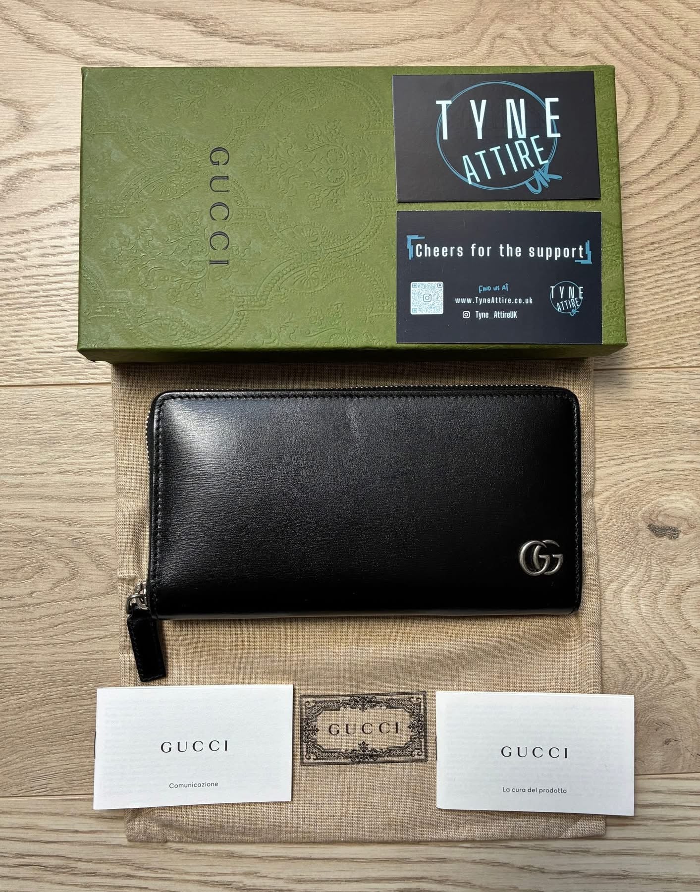 Gucci GG Marmont Signature Metal Logo Zip Around Black Leather Purse