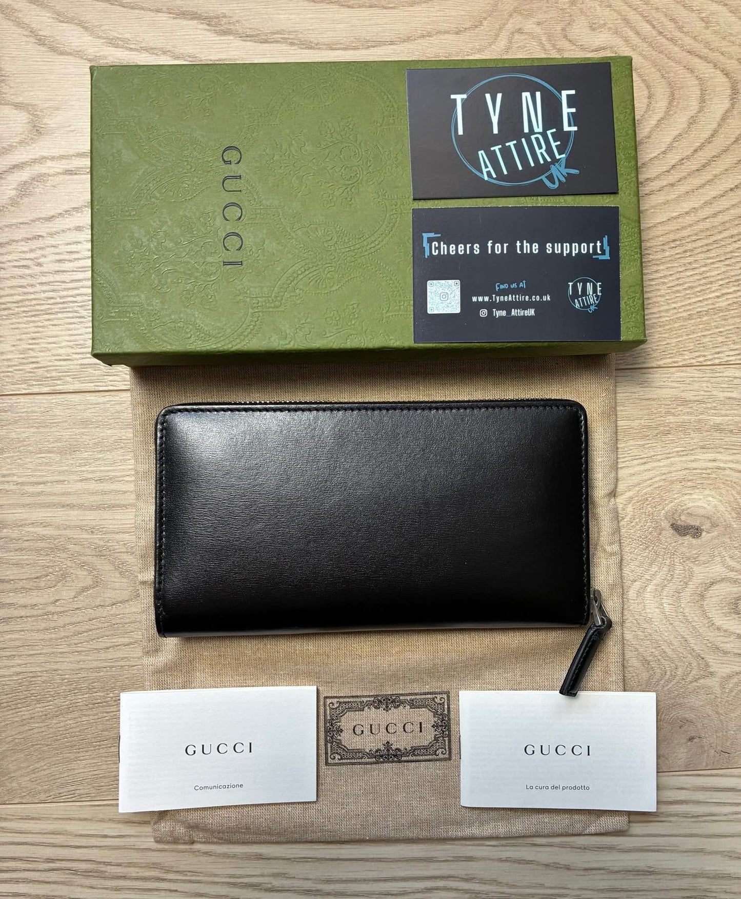 Gucci GG Marmont Signature Metal Logo Zip Around Black Leather Purse