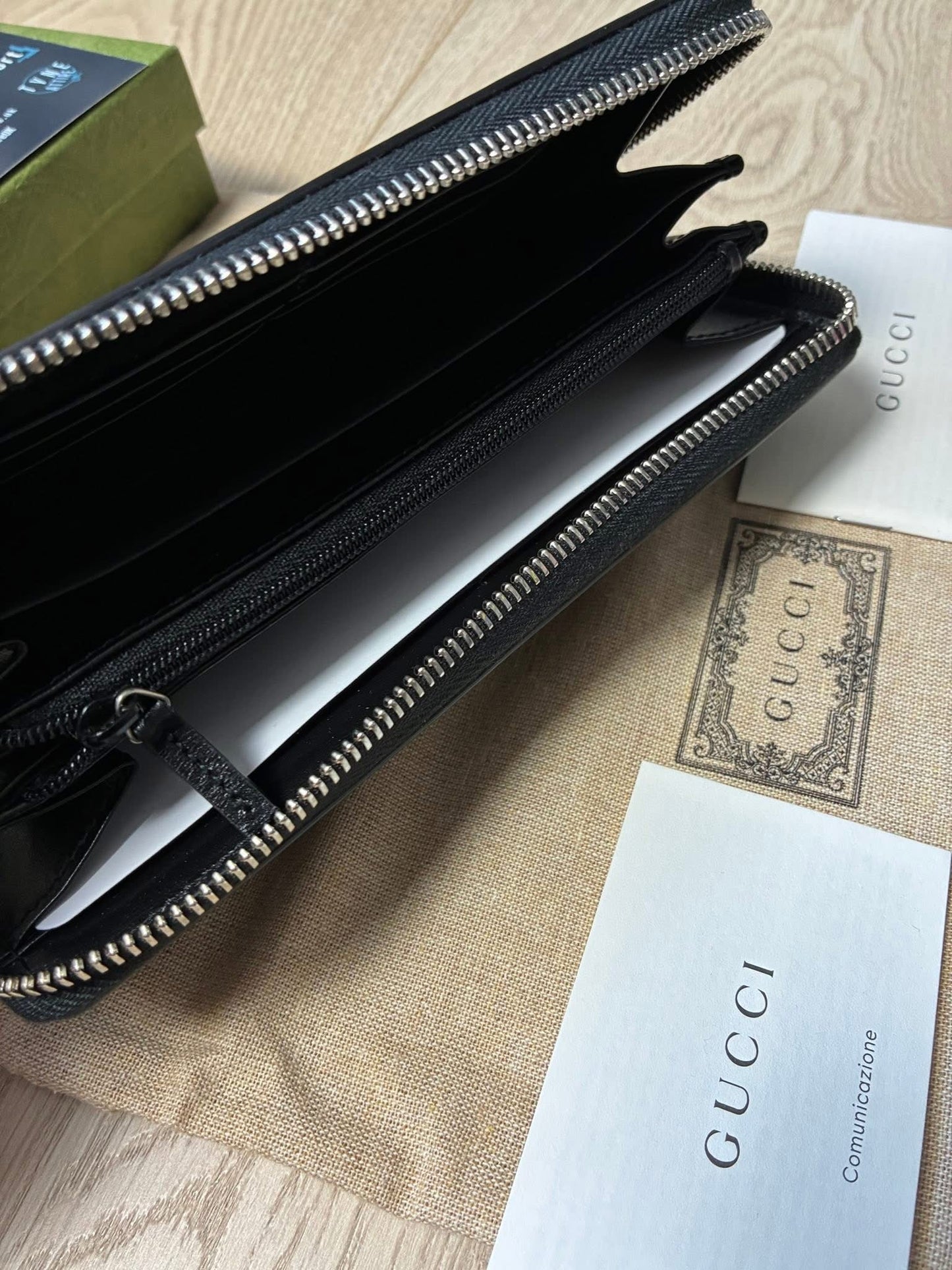 Gucci GG Marmont Signature Metal Logo Zip Around Black Leather Purse