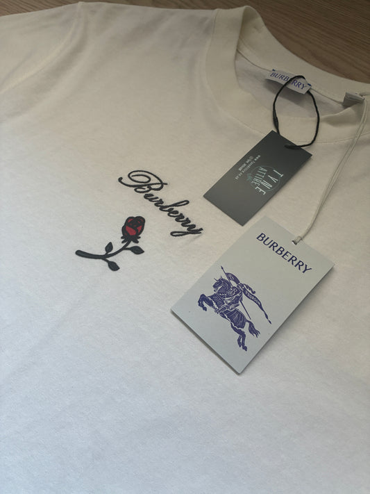 Burberry Embroidered Spellout/English Rose Chest Logo Rain Off White Crewneck T-Shirt