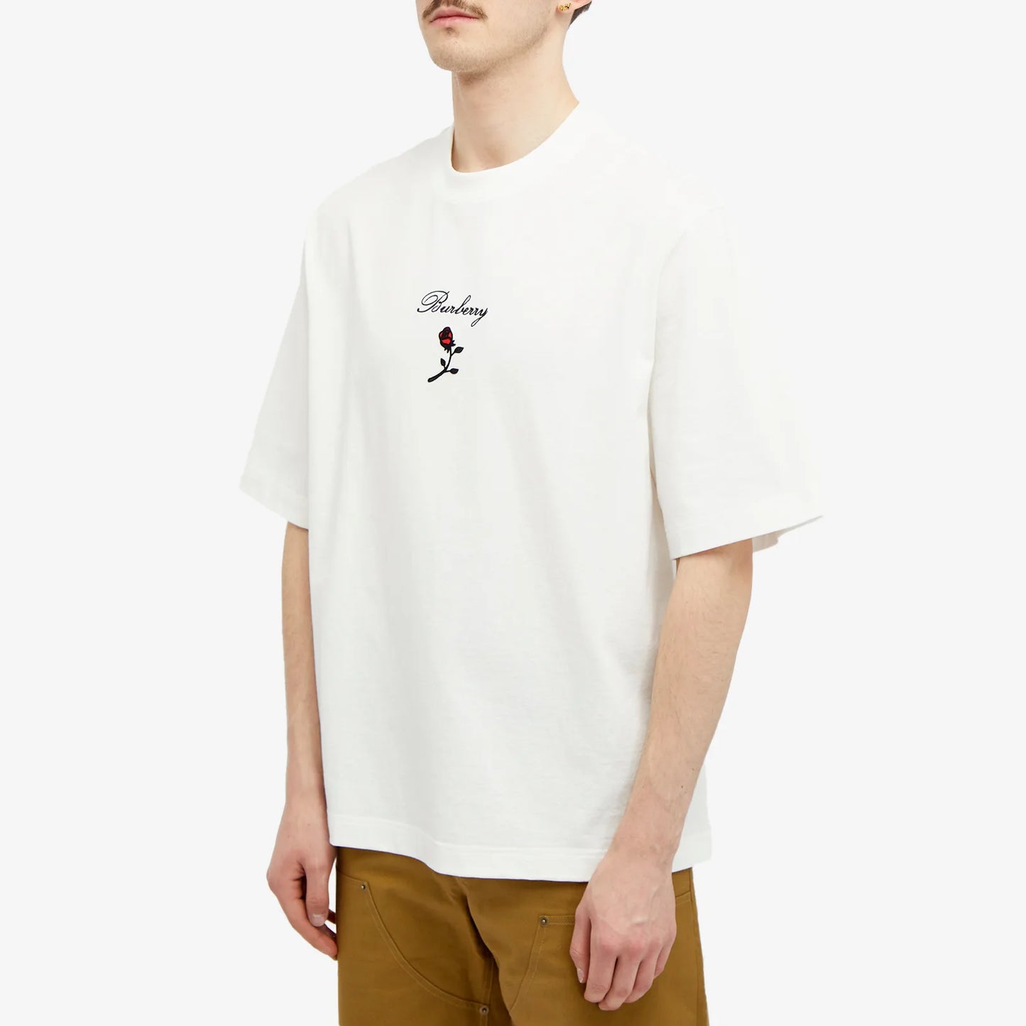Burberry Embroidered Spellout/English Rose Chest Logo Rain Off White Crewneck T-Shirt