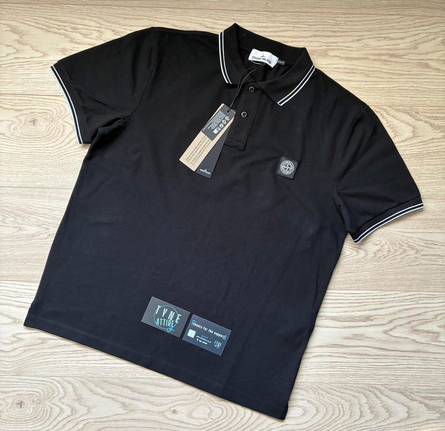Stone Island 22S18 Organic Cotton Patch Logo Twin Tipped Slim Fit Black/White Polo T-Shirt