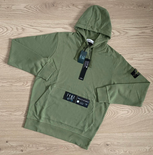 Stone Island 64151 Garment Dyed Cotton Popover Drawstring Green Hoodie