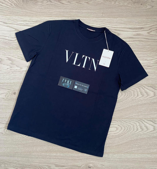 Valentino VLTN Spellout Motif Logo Navy/White Crewneck T-Shirt