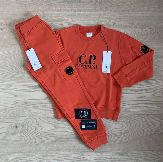 C.P. Company Junior Spellout Chest Logo Arm Lens Pumpkin Orange Sweater & Cargo Jogger Tracksuit Set