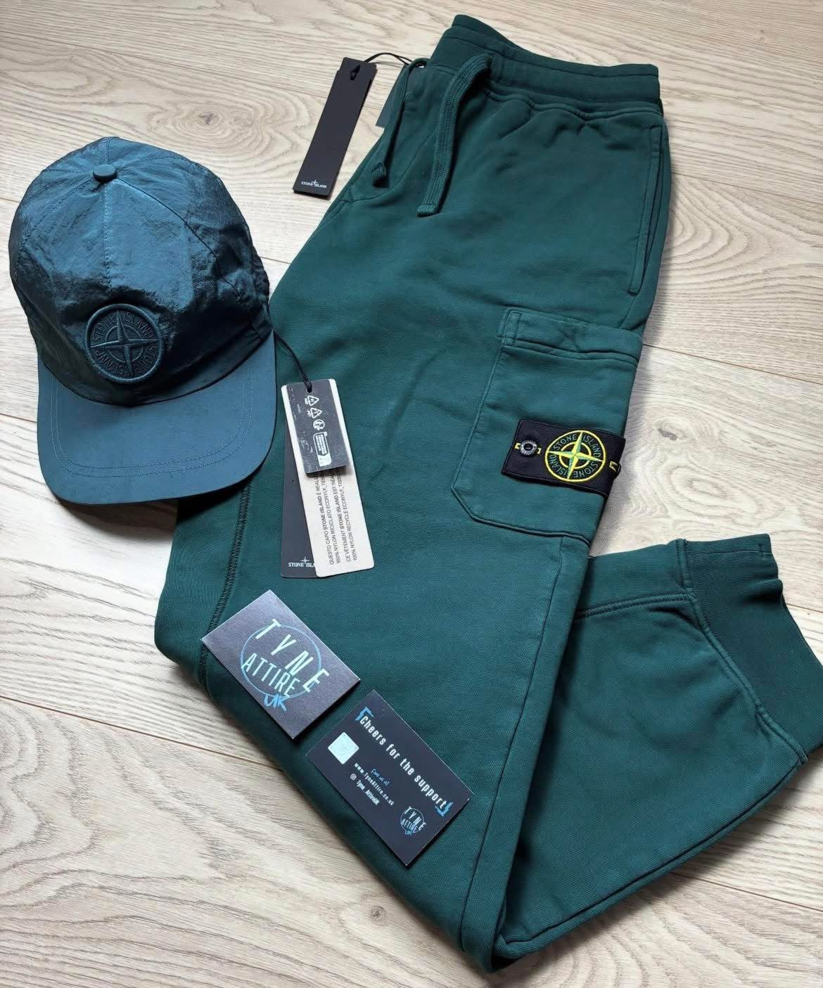 Stone Island Compass Logo Nylon Metal 6 Panel Petrol Green Cap & Cargo Joggers Set