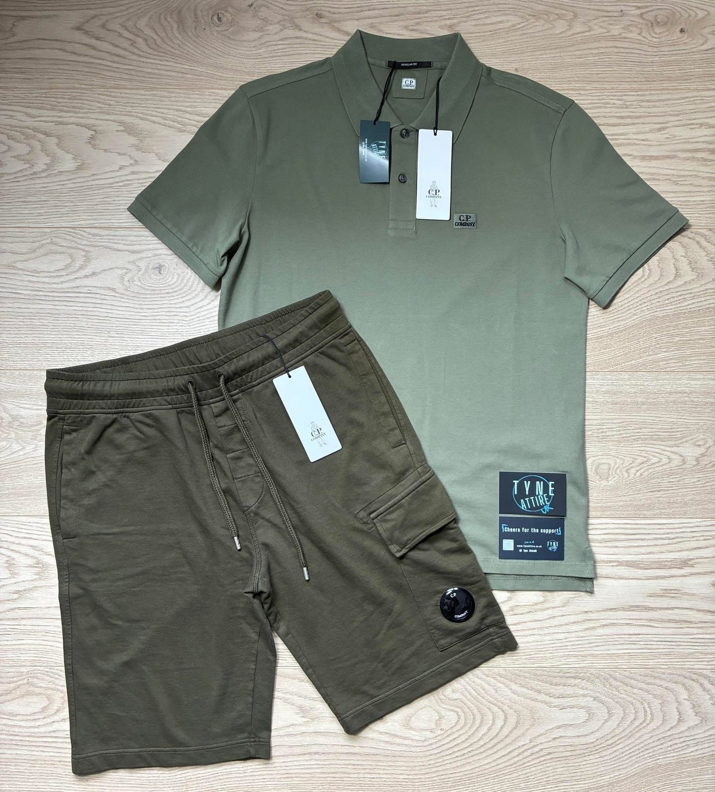 C.P. Company Diagonal Raised Light Fleece Bermuda Lens Pocket Cargo Sweat Shorts & Embroidered Patch Logo Piquet Bronze Green Polo T-Shirt Set