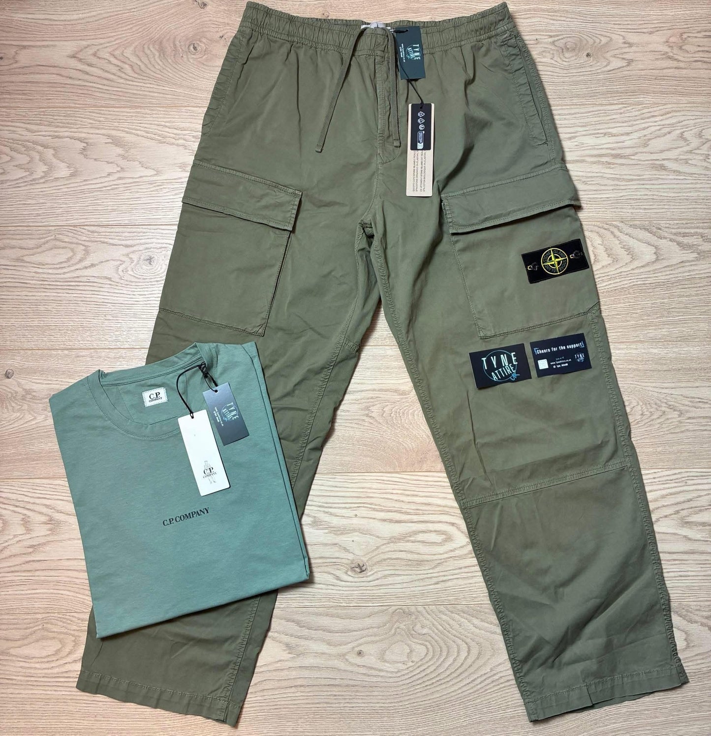 Stone Island 3100020 Stretch Organic Cotton Sage Green Cargo Trousers & C.P. Company Spellout Logo T-Shirt Set