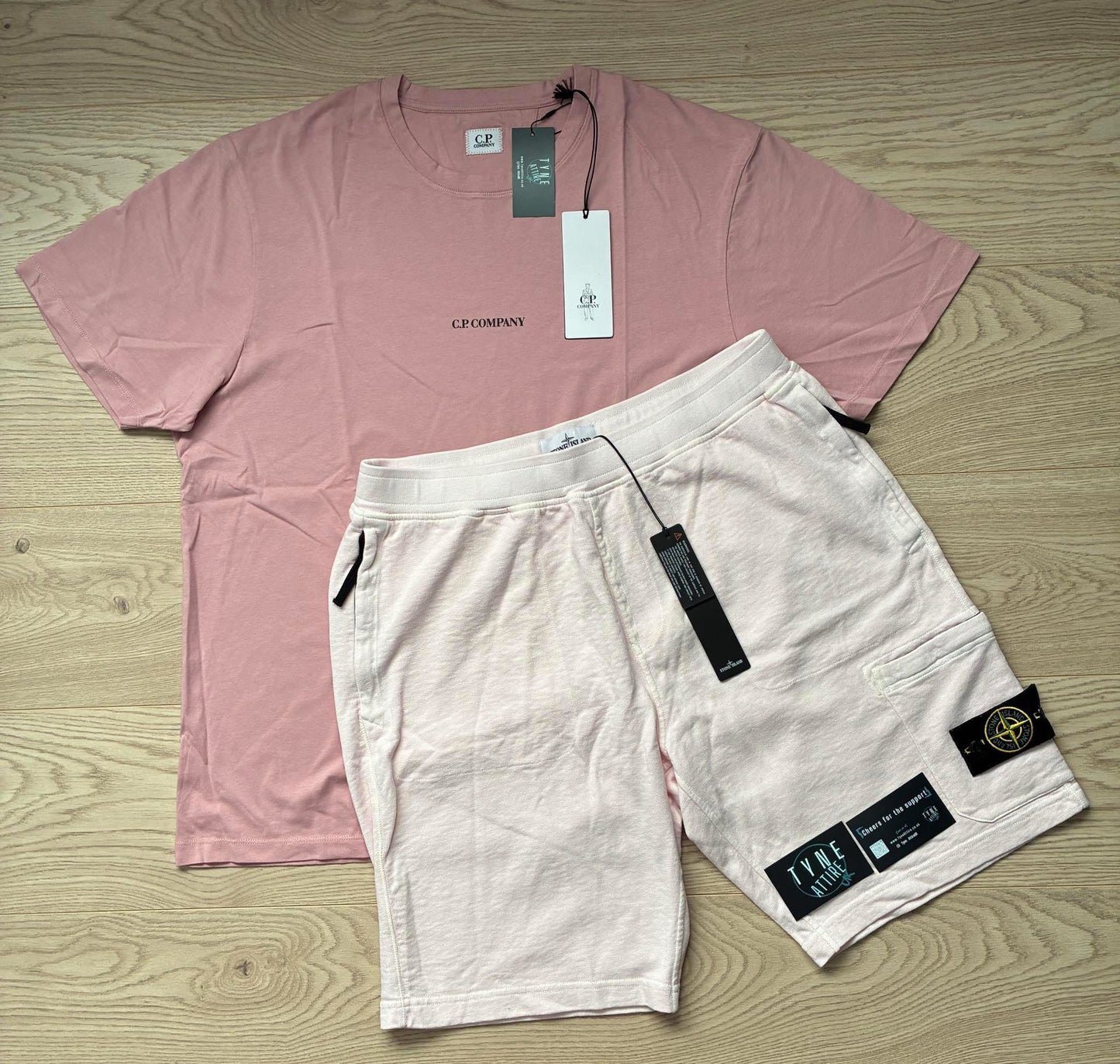 Stone Island 66260 Malfile Fleece ‘OLD’ Effect Shorts & C.P. Company 30/1 Spellout Logo Rose Pink Crewneck T-Shirt Set