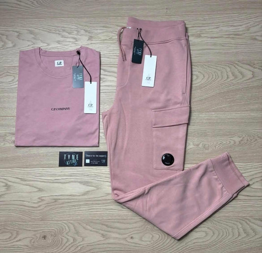 C.P. Company Diagonal Raised Fleece Bermuda Lens Pocket Cargo Joggers & 30/1 Spellout Logo Rose Pink Crewneck T-Shirt Set