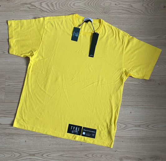 Stone Island 20444 Cotton Jersey 20/1 Garment Dyed Spellout Embroided Logo Yellow Crewneck T-Shirt