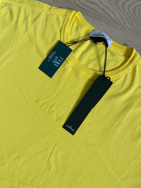 Stone Island 20444 Cotton Jersey 20/1 Garment Dyed Spellout Embroided Logo Yellow Crewneck T-Shirt