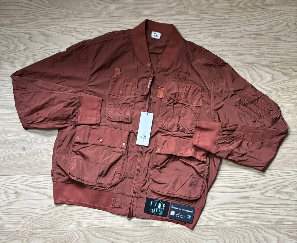 C.P. Company Chrome-R Nylon Garment Dyed Multi Pocket Embroidered Spellout Logo Rust Brown Bomber Jacket